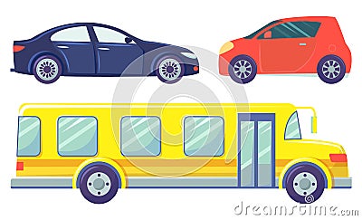 Cars isolated on white, Bus ans Sedan, Microcar Vector Illustration