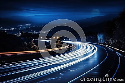 Cars light trails at night in a curve asphalt road at night. Generative AI Stock Photo