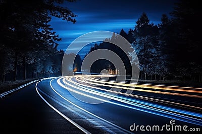Cars light trails at night in a curve asphalt road at night. Generative AI Stock Photo
