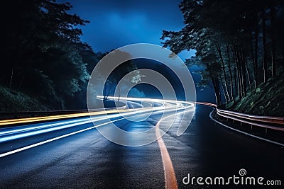 Cars light trails at night in a curve asphalt road at night. Generative AI Stock Photo