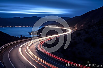 Cars light trails at night in a curve asphalt road at night. Long exposure image of a highway at night Stock Photo