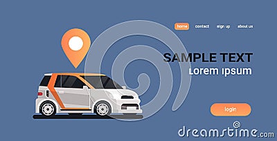 Cars with location pin geo tag online ordering taxi car sharing carpooling concept mobile transportation carsharing Vector Illustration