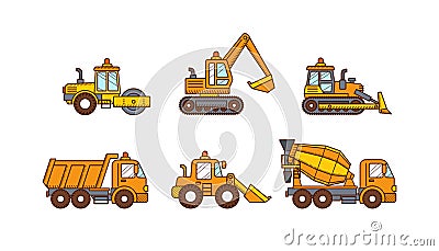 Cars mixer truck, excavator, road roller, truck Vector Illustration