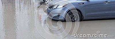 the cars move in water road, flood disaster outside Stock Photo