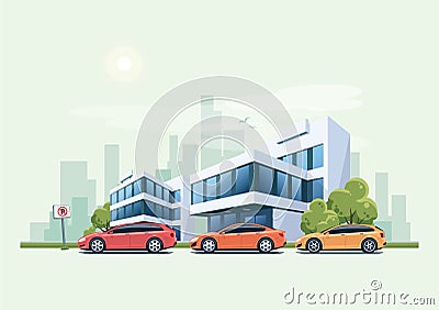 Cars Parked in front of Office Building and City Background Vector Illustration