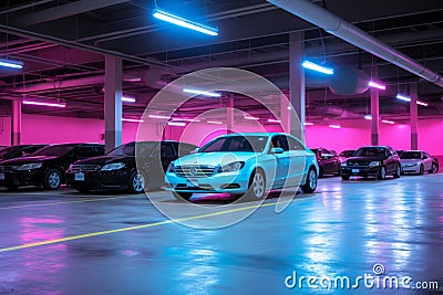 cars parked in a parking garage with neon lights Stock Photo
