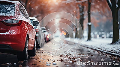 Cars parked in a row on a snowy street in winter Stock Photo