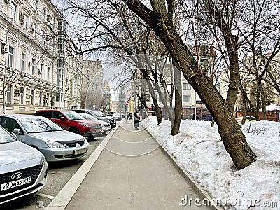 Moscow, Russia, March, 10, 2024. Cars are parked on the side of the road on Shchepkina Street Editorial Stock Photo