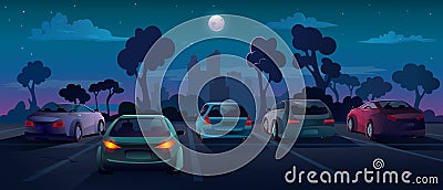 Cars at parking lot, night city street background Vector Illustration