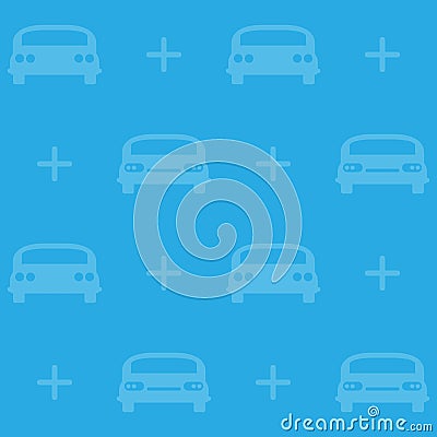 Cars blue pattern background. Modern texture with vehicles and pluses. Vector illustration. Vector Illustration