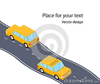 Cars on the road, the highway, flat 3D Isometric style. family trip. Vector illustration with space for text. Vector Illustration