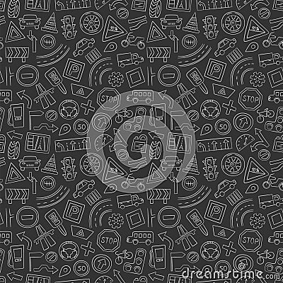 Cars, road objects, traffic signs and automobile symbols. Seamless pattern in doodle style. Vector illustration Vector Illustration