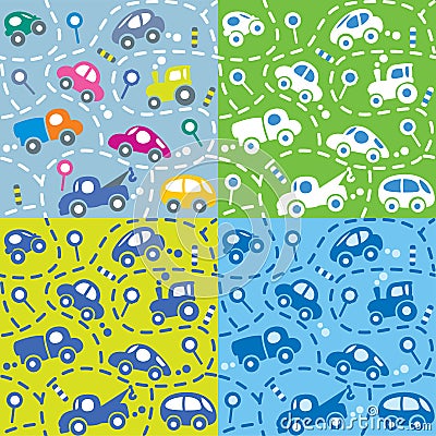 Cars on the road. Seamless kids pattern set. Vector Illustration