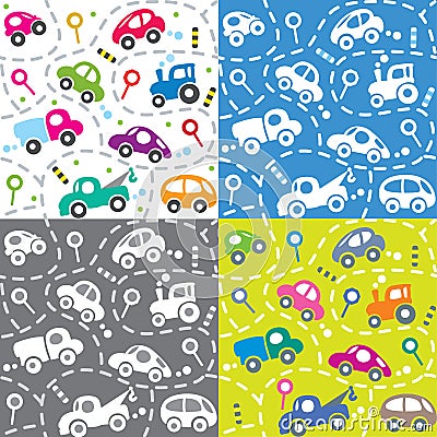 Cars on the road. Seamless kids pattern set. Vector Illustration