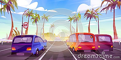 Cars on road, tropical palms cartoon illustration Vector Illustration