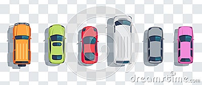 Cars set from above, top view isolated. Cute beautiful cartoon transport with shadows. Modern urban civilian vehicle. View from Vector Illustration