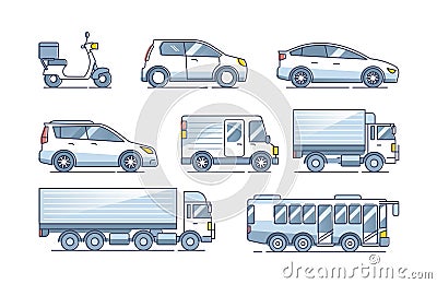 Cars set with various size, shape and type transportation outline collection Vector Illustration