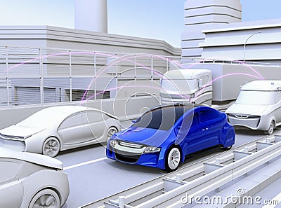 Cars sharing traffic information by connected car function Stock Photo