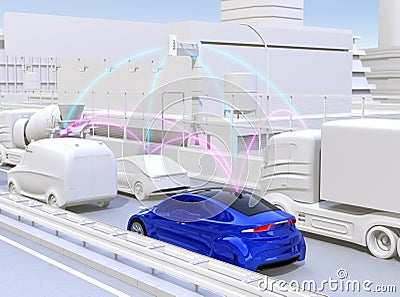 Cars sharing traffic information by connected car function Stock Photo