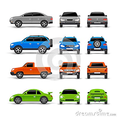 Cars Side Front And Back Icons Set Vector Illustration