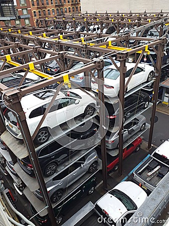 Cars Stacked in a Multi-Level Manhattan parking , New York City. Stock Photo