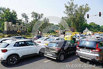 Cars stuck in jam on the highway road of Noida Editorial Stock Photo