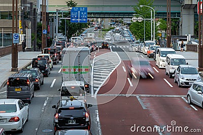 Cars stuck in traffic on the streets of Fukuoka, Japan on the evening Editorial Stock Photo