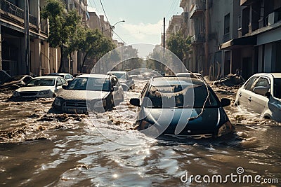 cars submerged under water after flooding on European streets Stock Photo