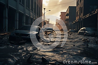 cars submerged under water among the wreckage of trees after flooding on European streets Stock Photo