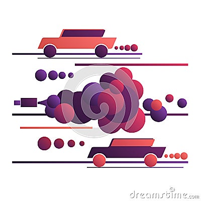 Cars in toxic clouds of exhaust. Environmental pollution by car exhaust gases, poisoned air. Traffic jam and black smoke, smog. Cartoon Illustration