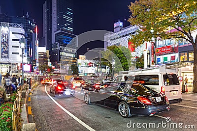 Cars in traffic at Shibuya district in Tokyo, Japan Editorial Stock Photo