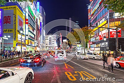 Cars in traffic at Shibuya district in Tokyo, Japan Editorial Stock Photo