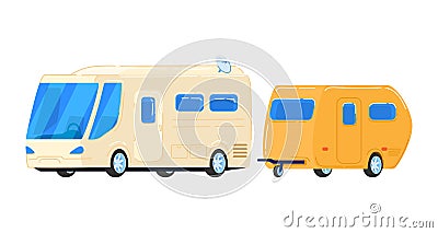 Cars, truck, motorhome, tiny trailer for travel, small trailer, economy tourism, cartoon vector illustration, isolated Vector Illustration