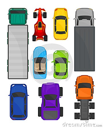 Cars and trucks top view set, city and cargo delivering transport, vehicles for transportation vector Illustration Vector Illustration