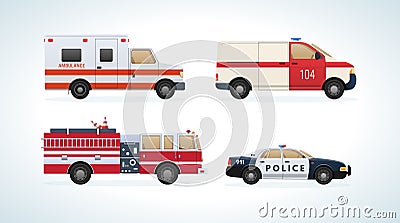 Cars, vehicles transport: fire service, ambulance machine, rescue service, police. Vector Illustration