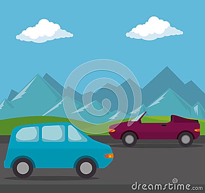 Cars vehicles transport scene Vector Illustration