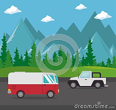 Cars vehicles transport scene Vector Illustration