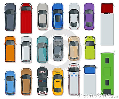 Cars view from above set. Vehicles driving in the city and service transport. Taxi, Ambulance, bus, Police, safari Vector Illustration