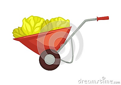 Cart of farmer with harvest products organic vegetables placed on wheelbarrow for transportation and preserving. Vector Illustration