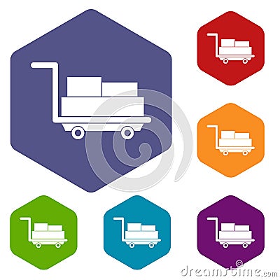 Cart with luggage icons set hexagon Vector Illustration