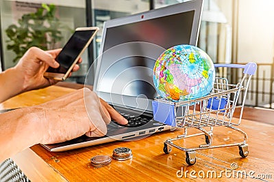Cart Online Shopping concept. businesswoman hand using smart phone, tablet payments online shopping in morning Stock Photo