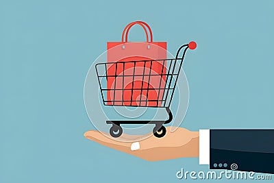 Cart placed on hand, online shopping anytime, vector illustration Cartoon Illustration