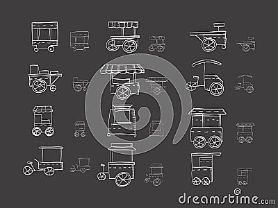 Cart stall sketch icons on black Vector Illustration