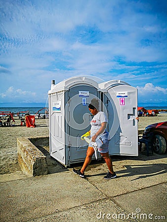 CARTAGENA, COLOMBIA - NOVEMBER 12, 2019: Beach portable bathroom around the city centre, which itself is a tourist Editorial Stock Photo