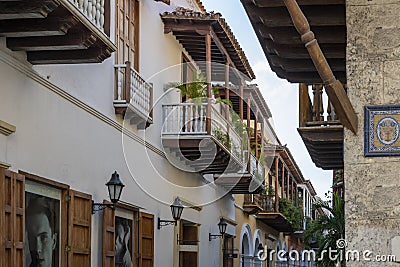 A typical colonial balcony of Cartagena de Indias Editorial Stock Photo