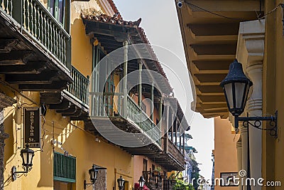 A typical colonial street of Cartagena de Indias Editorial Stock Photo