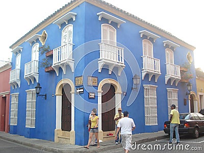 Cartagena de Indias old blue build Editorial Stock Photo