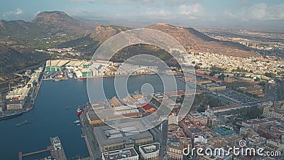 CARTAGENA, SPAIN - SEPTEMBER 25, 2018. Aerial view of Navantia shipyard and military ships Editorial Stock Photo