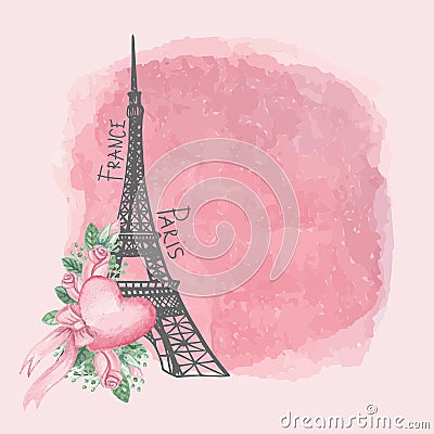 Carte de vintage de Paris Tour Eiffel, rose d aquarelle
