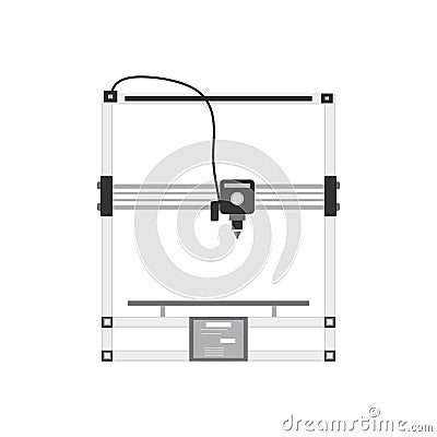 A cartesian 3D-printer flat icon. Technology manufacturing and prototype. Industrial 3D printer in cartoon style. Futuristic Vector Illustration